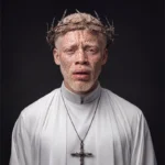 Portrait of a man dressed in white wearing a crown of barbed wire and a matching cross, exploring martyrdom, sacrifice, faith and resilience through contemporary fine art.