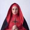Portrait of a woman dressed in red religious attire holding a symbolic cross, exploring the fragile boundary between faith, conviction and war through contemporary fine art.