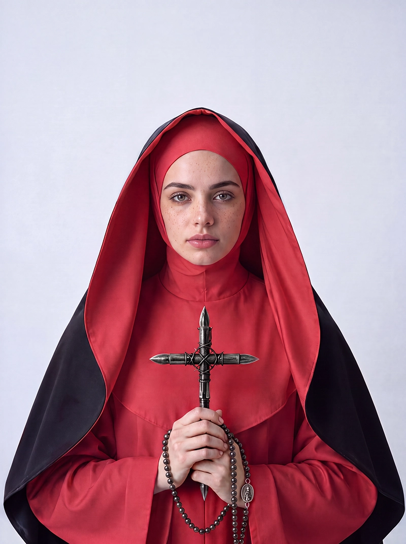 Portrait of a woman dressed in red religious attire holding a symbolic cross, exploring the fragile boundary between faith, conviction and war through contemporary fine art.